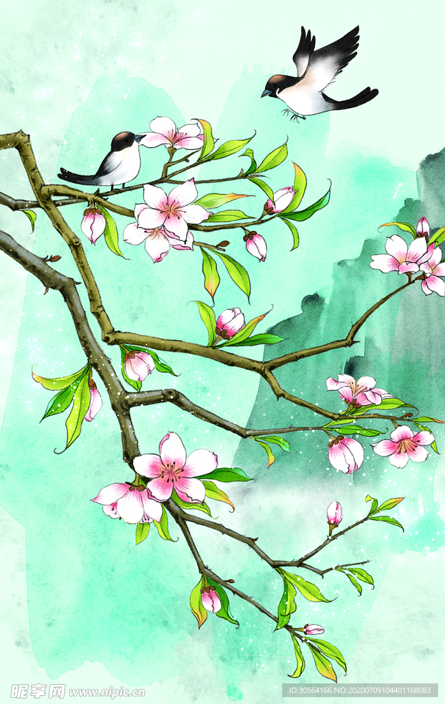 春季枝头清新插画背景素材