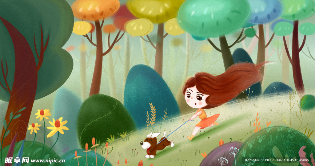 森林少女人物清新插画背景素材