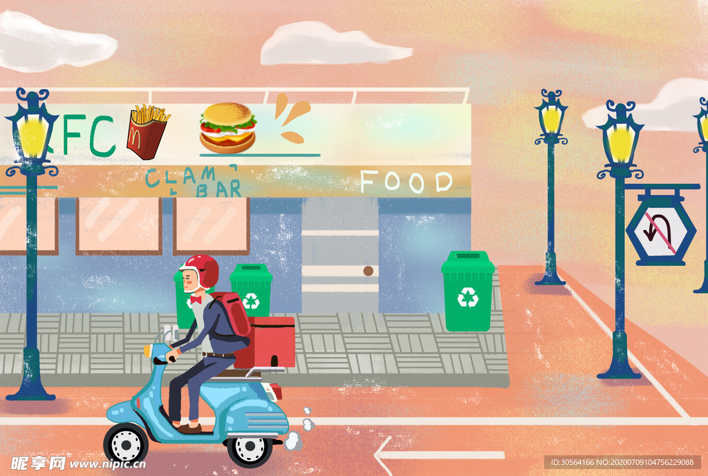 街头建筑骑手外卖插画背景素材