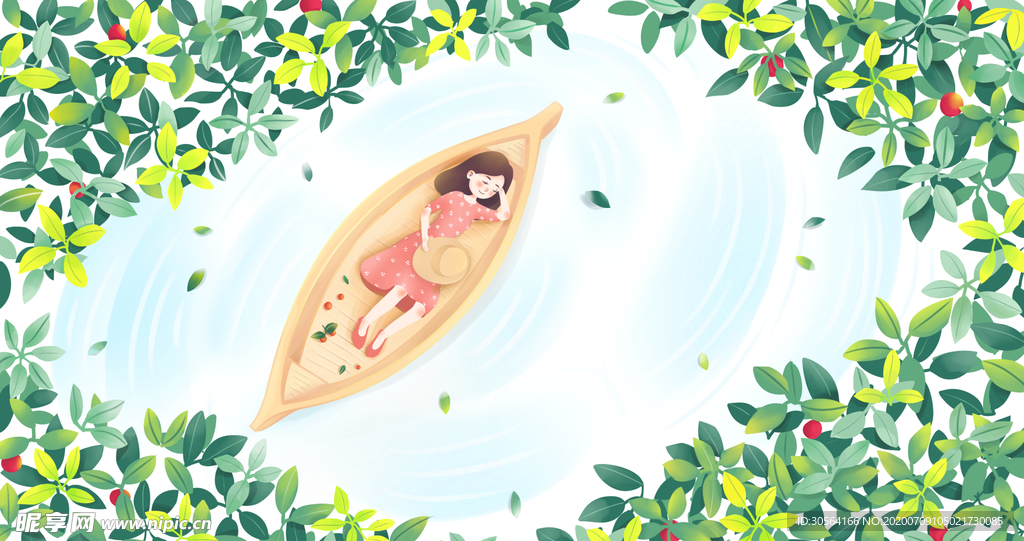 夏季人物游泳小船插画背景素材