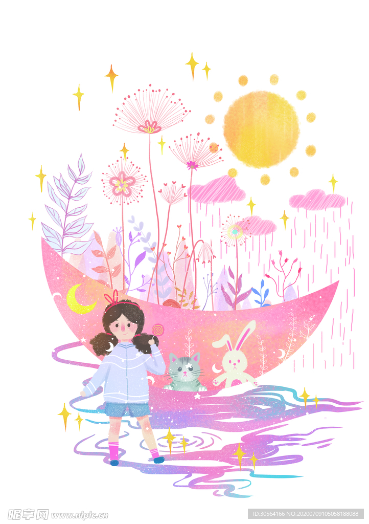 人物少女粉色插画背景素材