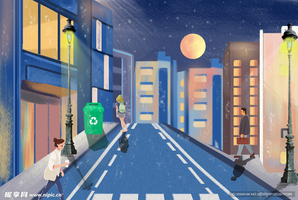 城市街道人物建筑插画背景
