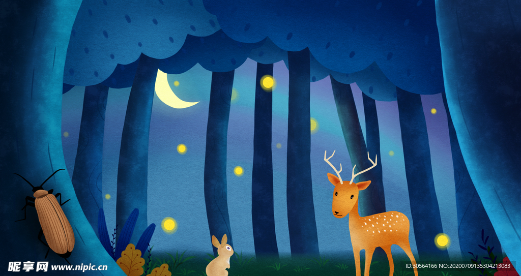 森林小鹿夜晚清新插画背景
