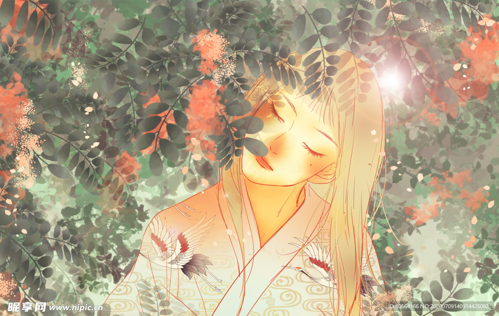 丛林森林人物女性清新插画背景