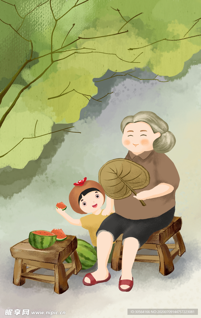 夏季乘凉人物老奶奶插画背景素材
