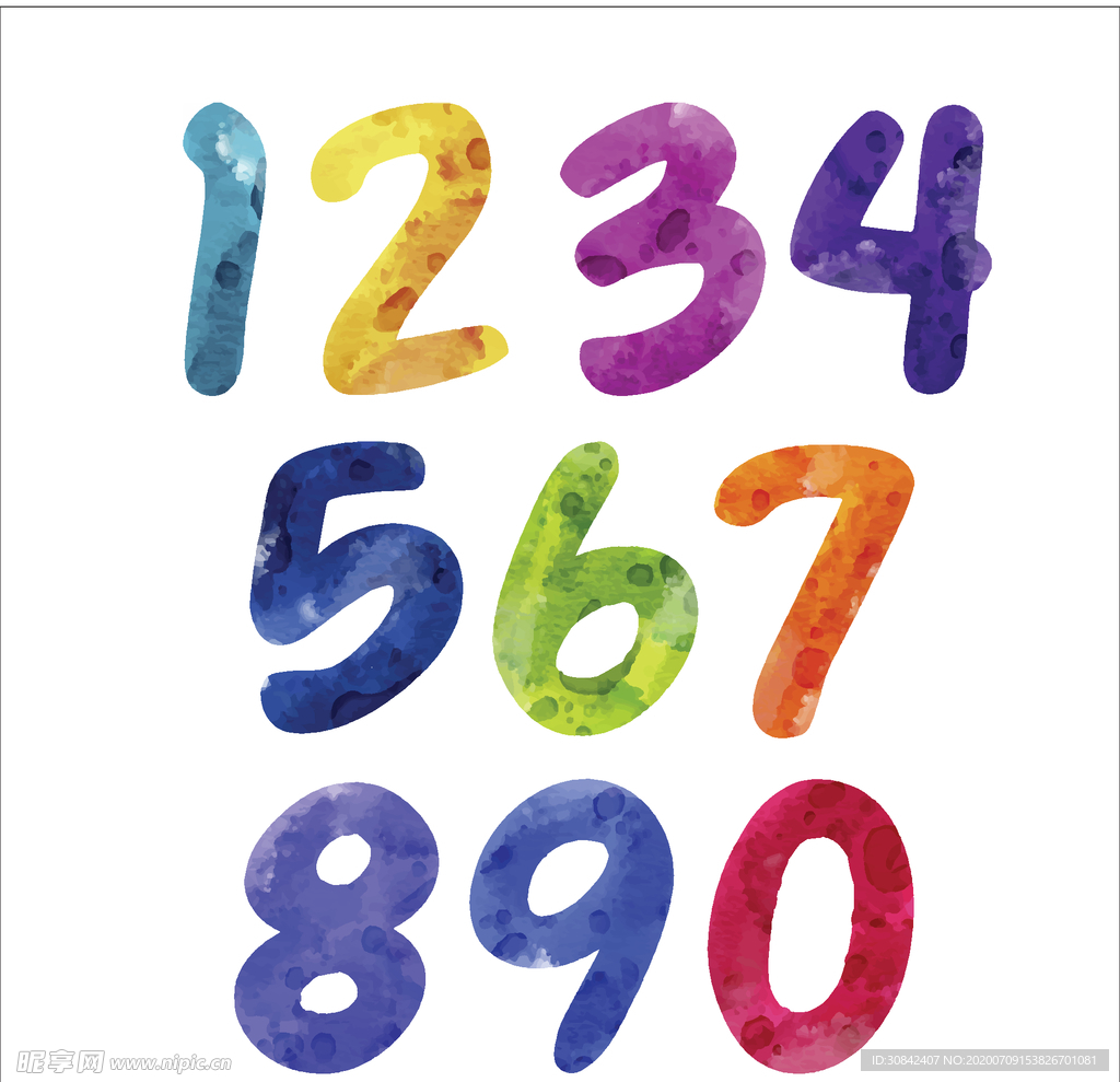 彩色水彩手绘数字