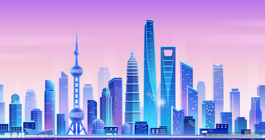 夜光城市大楼地标建筑渐变上海夜