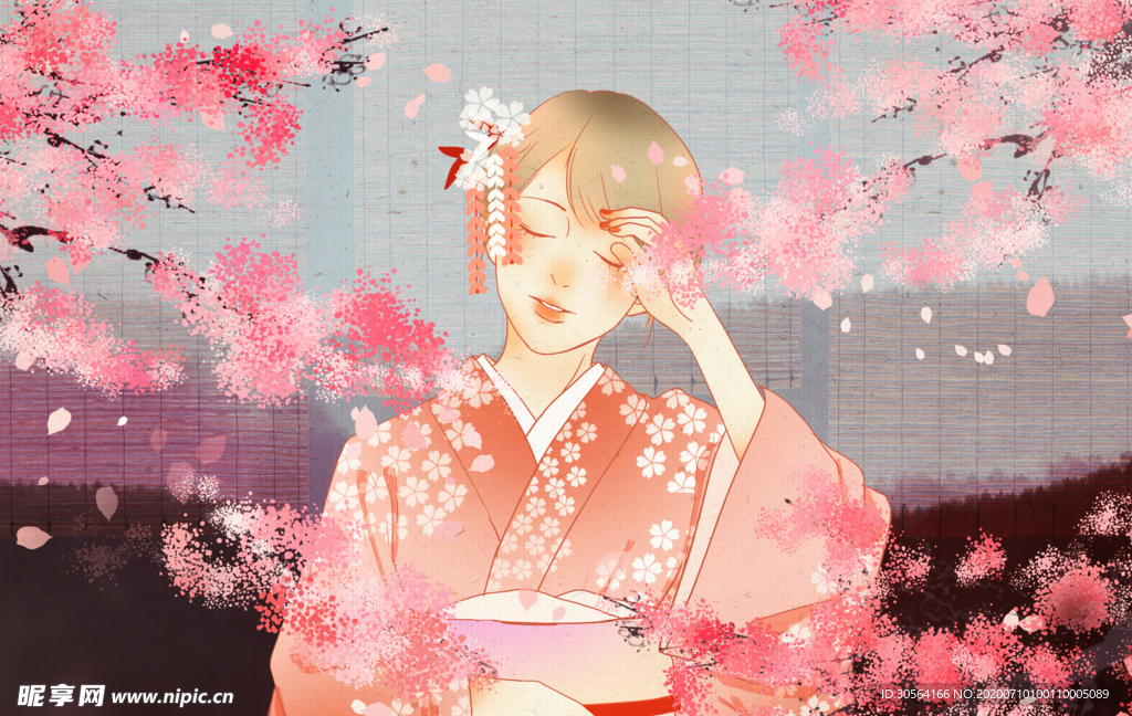 樱花少女人物插画卡通清新背景