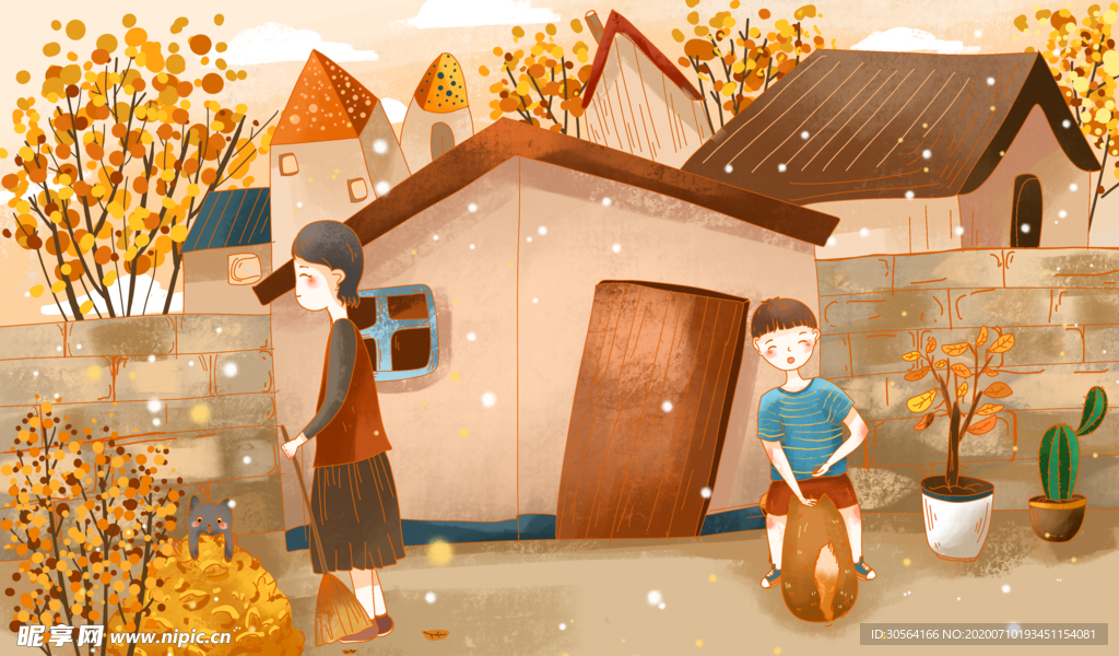 打扫院子屋子人物清新素材