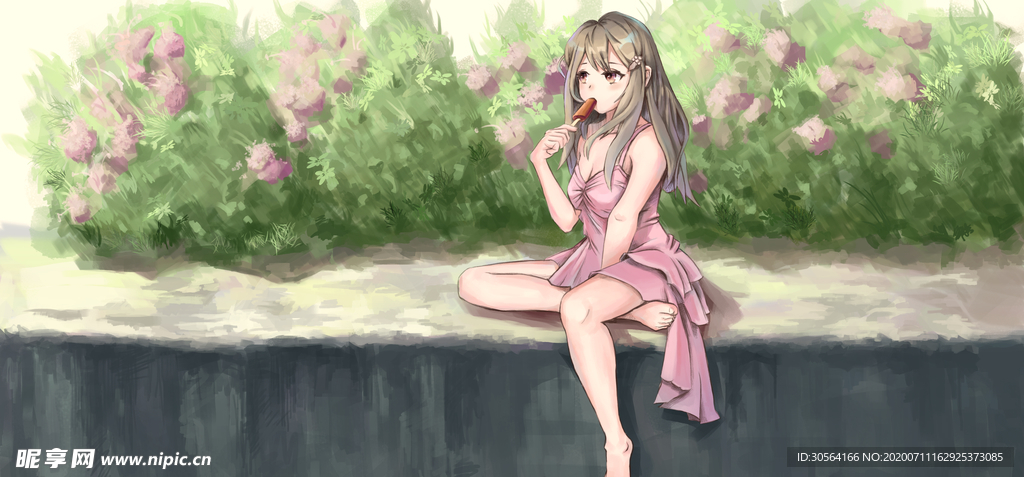夏季吃冰棍卡通人物女性插画背景