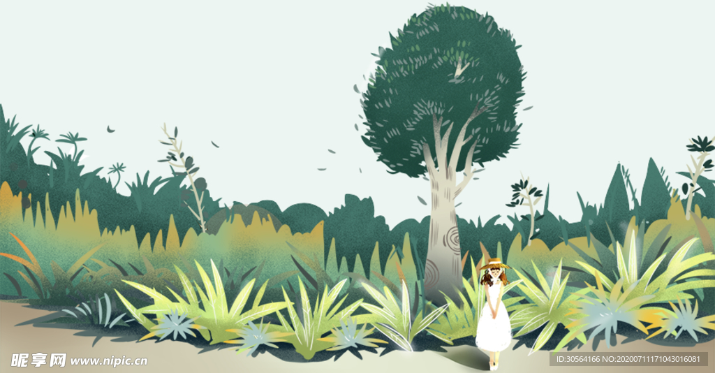 户外人物风景女性清新插画背景