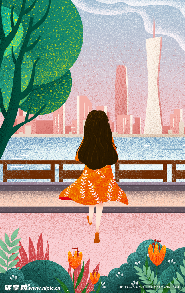 户外风景建筑人物女性插画背景