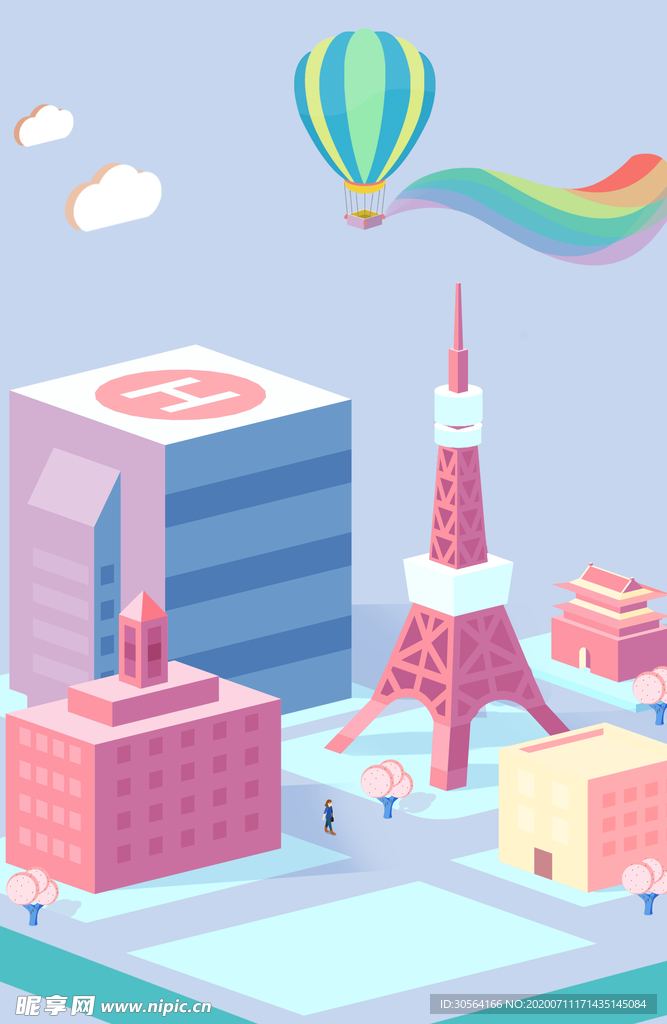 日本东京塔城市地标插画背景