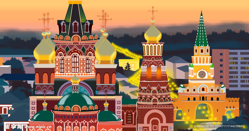 国外地标建筑城市插画卡通背景