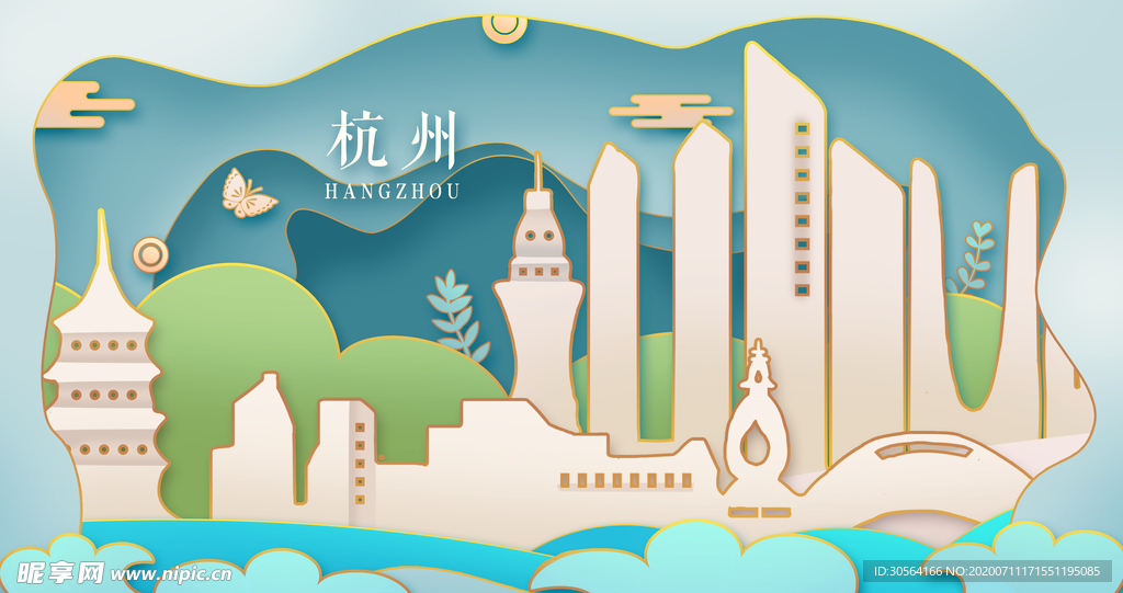 杭州地标建筑城市插画卡通背景