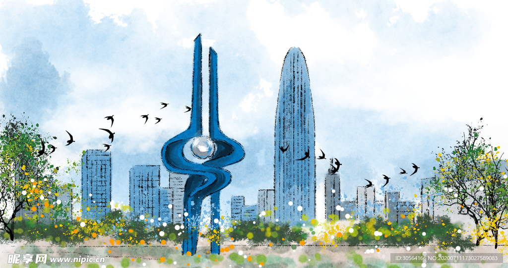 地标建筑城市插画卡通背景