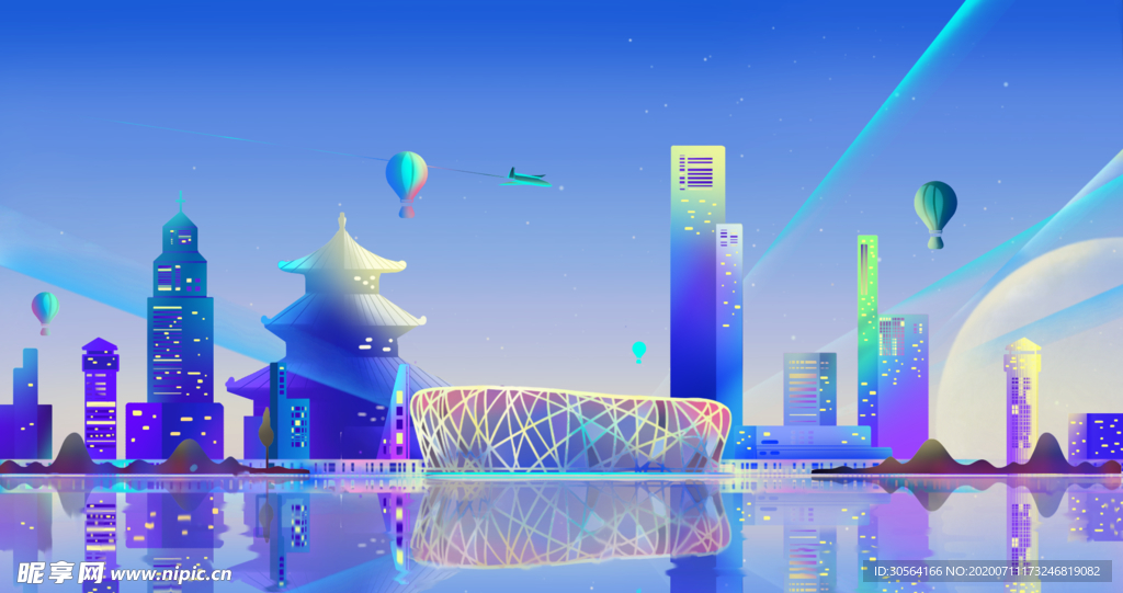 北京鸟巢地标城市插画卡通背景