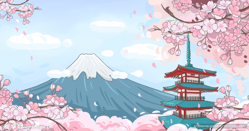 日本富士山地标城市插画卡通背景