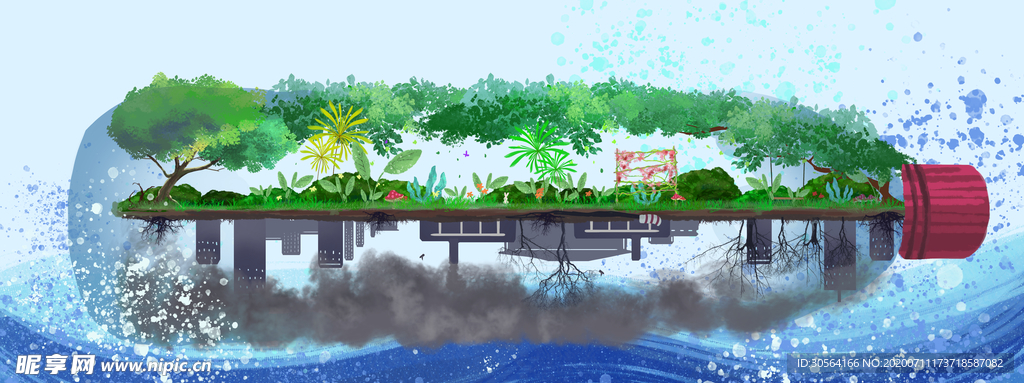 瓶子山水国风建筑插画背景