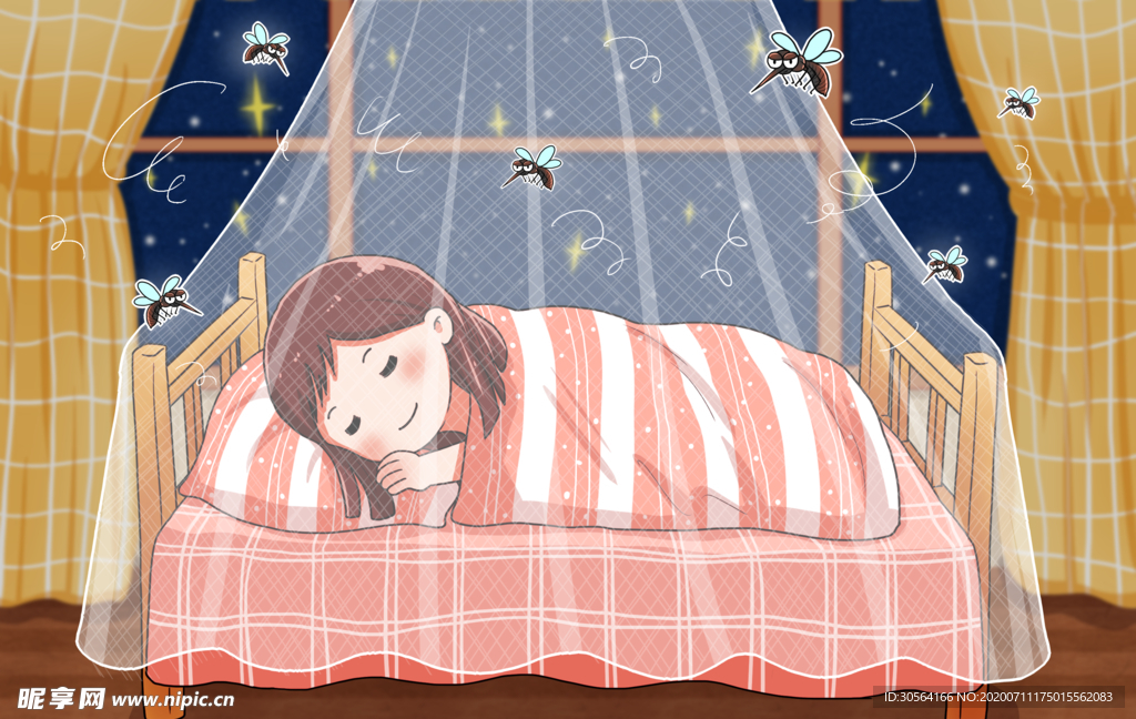 夏季蚊帐人物卡通清新插画背景