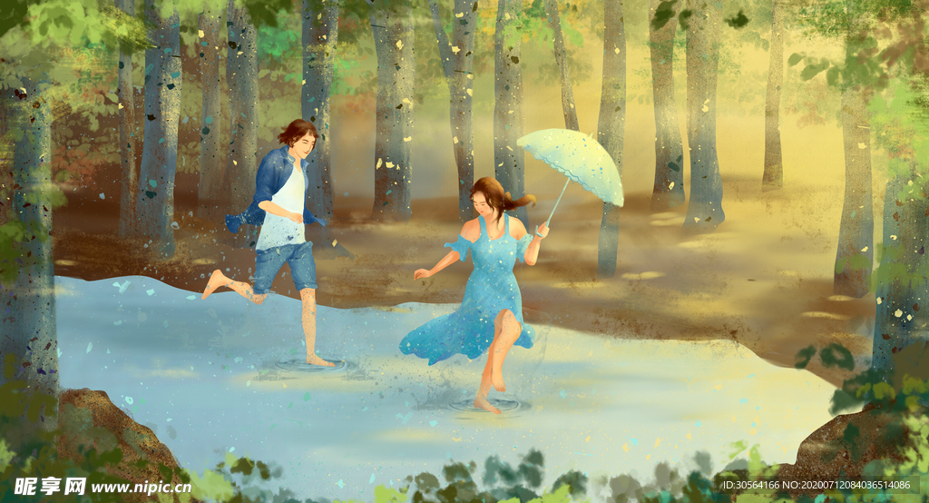 森林情侣人物插画卡通背景素材