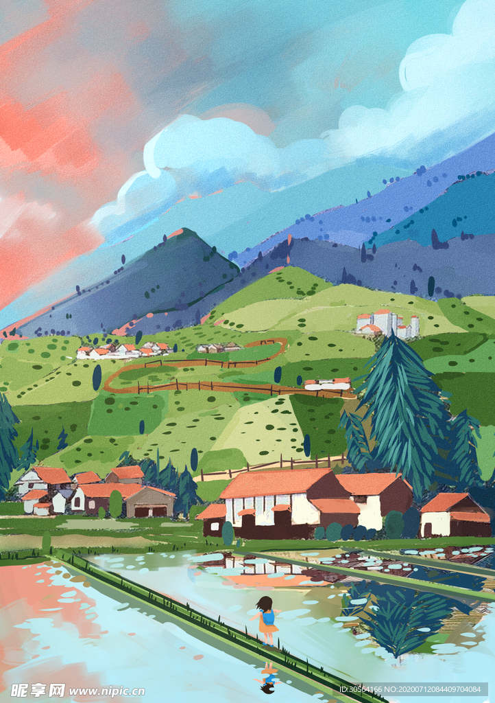 山水小镇清新插画卡通背景素材