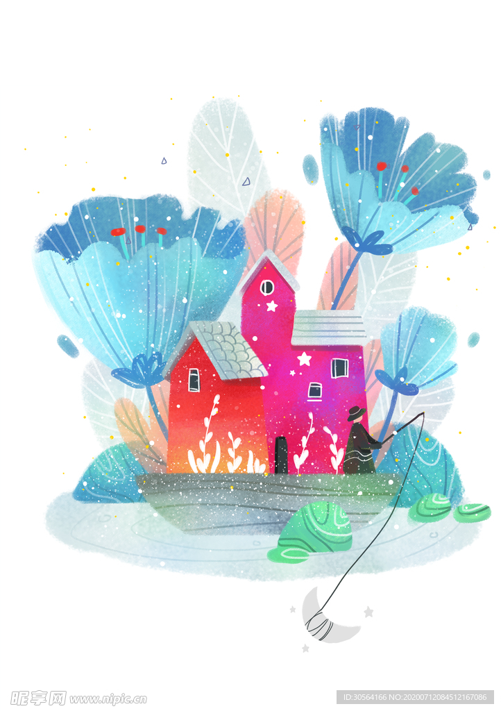 钓鱼梦幻人物插画卡通背景素材