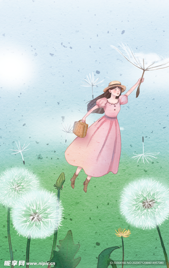 蒲公英人物少女插画卡通背景素材