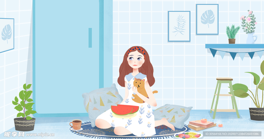 夏季人物少女插画卡通背景素材