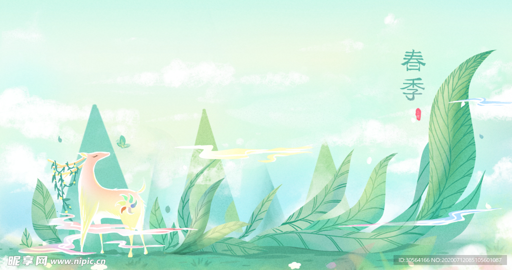 春季小鹿清新插画卡通背景素材