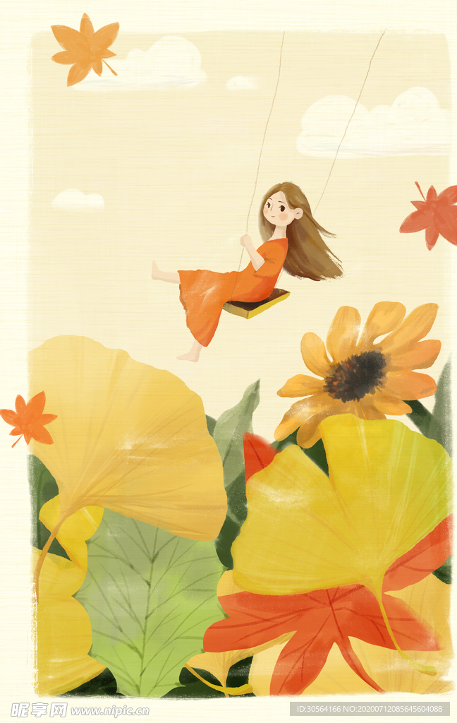 秋季人物少女插画卡通背景素材