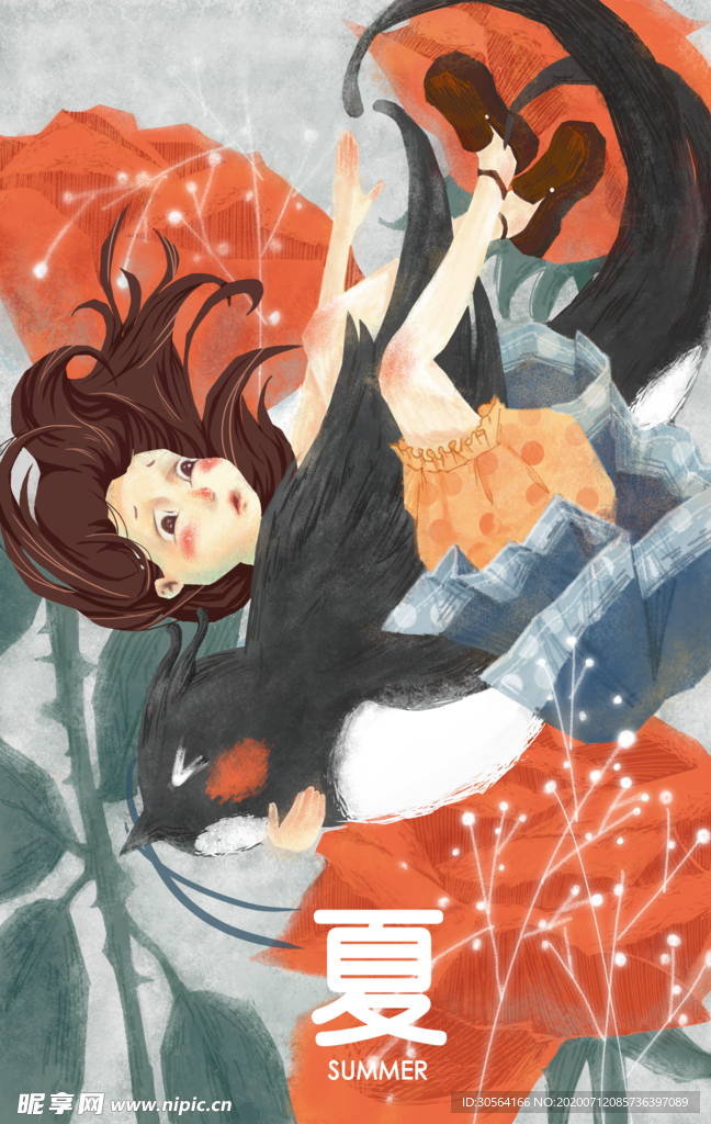 夏季人物少女插画卡通背景素材