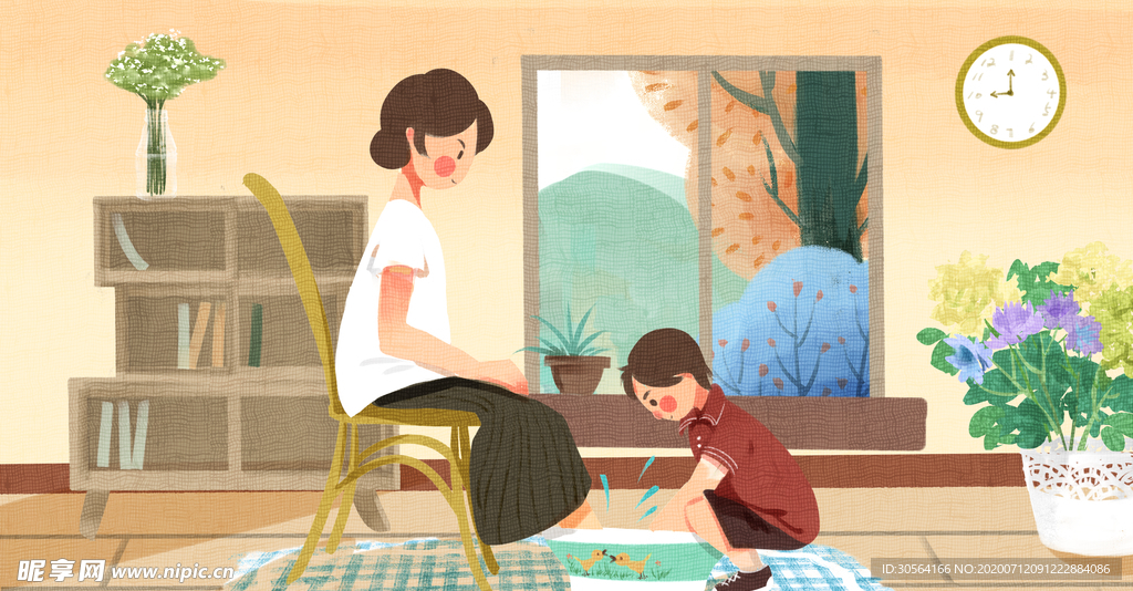 母亲节洗脚插画卡通背景素材