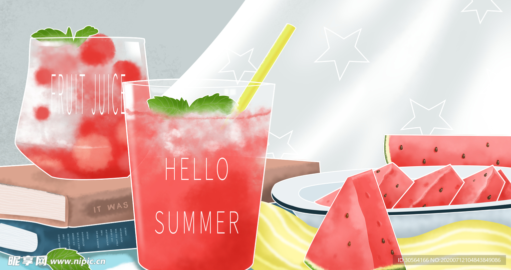 西瓜果汁夏季插画卡通背景素材