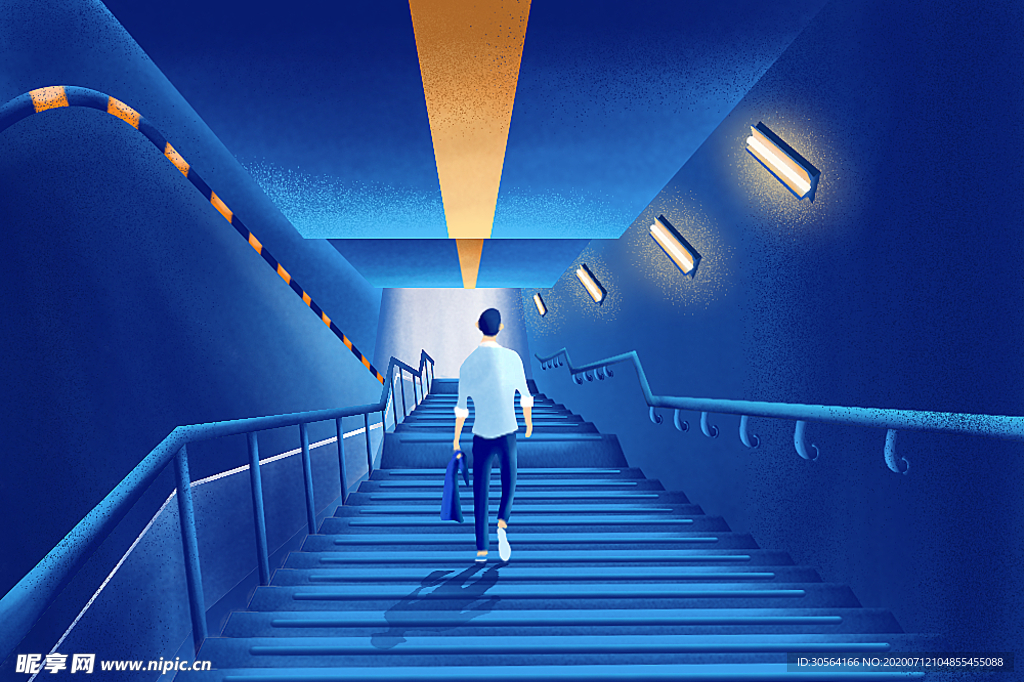 城市夜晚楼梯插画卡通背景素材