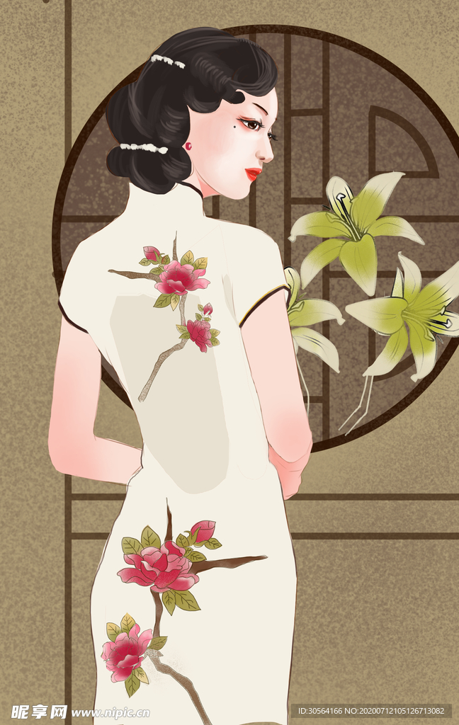 旗袍人物民国插画卡通背景素材