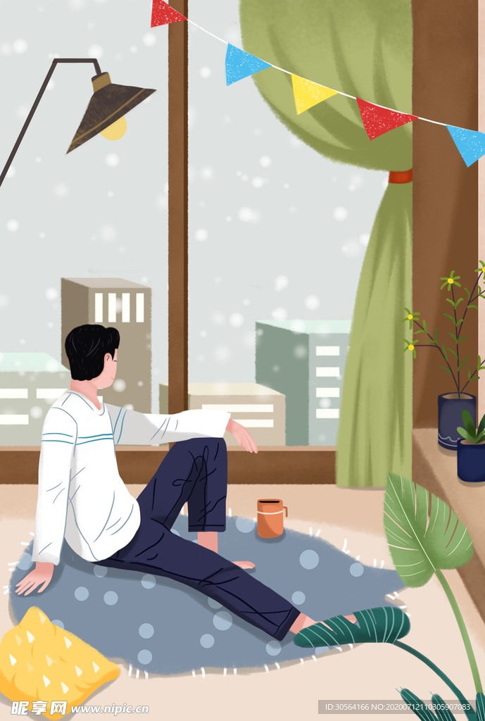 宅在家人物插画卡通背景素材