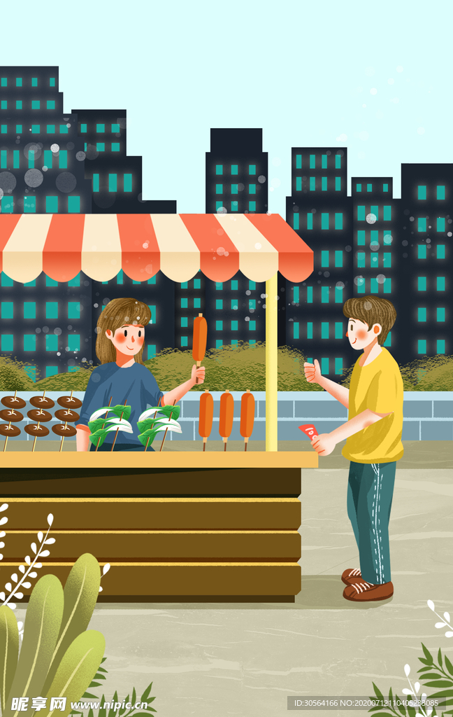 摆摊人物热狗卡通插画背景素材