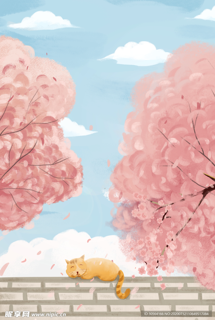 樱花粉色小猫卡通插画背景素材