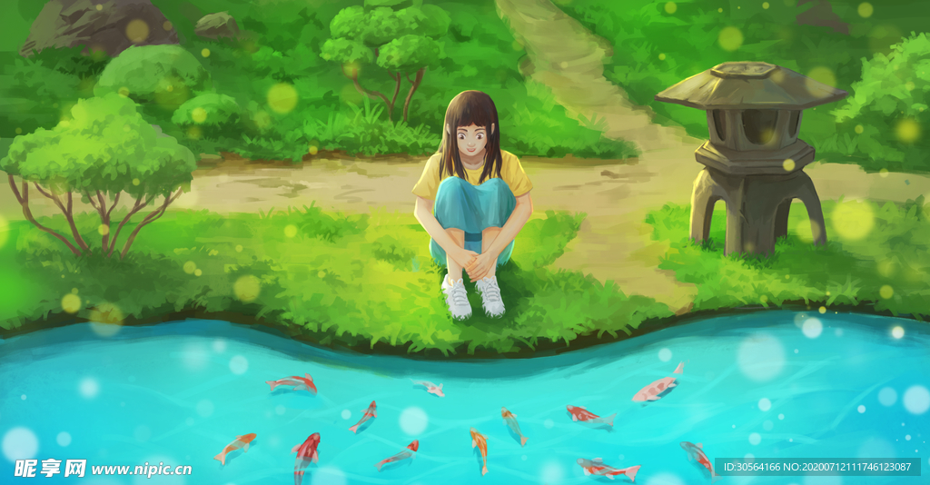 夏季人物女性河流插画卡通素材