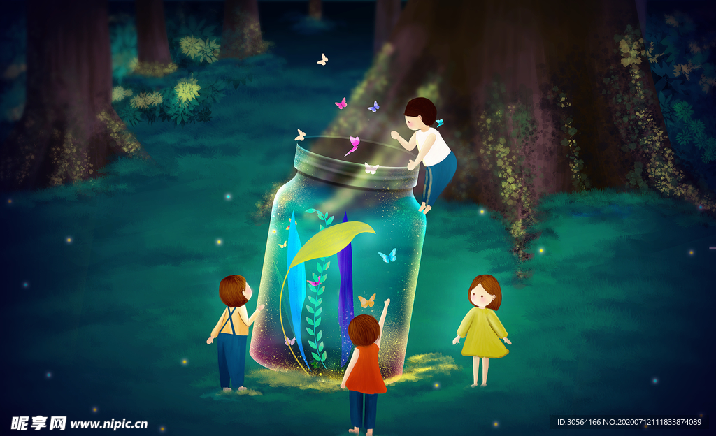 夏季人物森林梦幻插画卡通素材