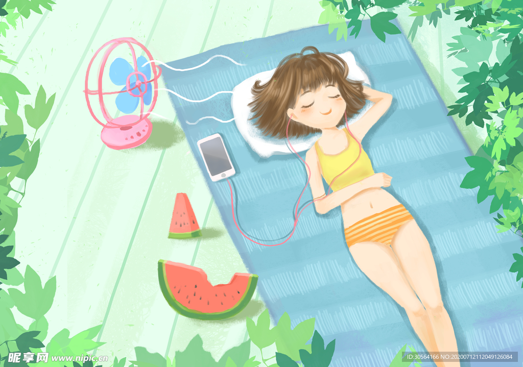 夏季少女人物清新插画卡通素材