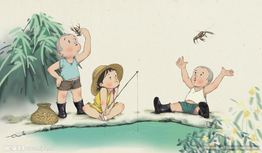 夏季儿童玩耍清新插画卡通素材