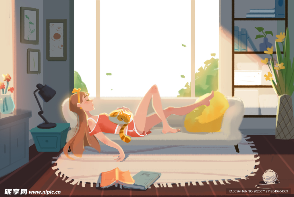 夏季少女人物清新插画卡通素材