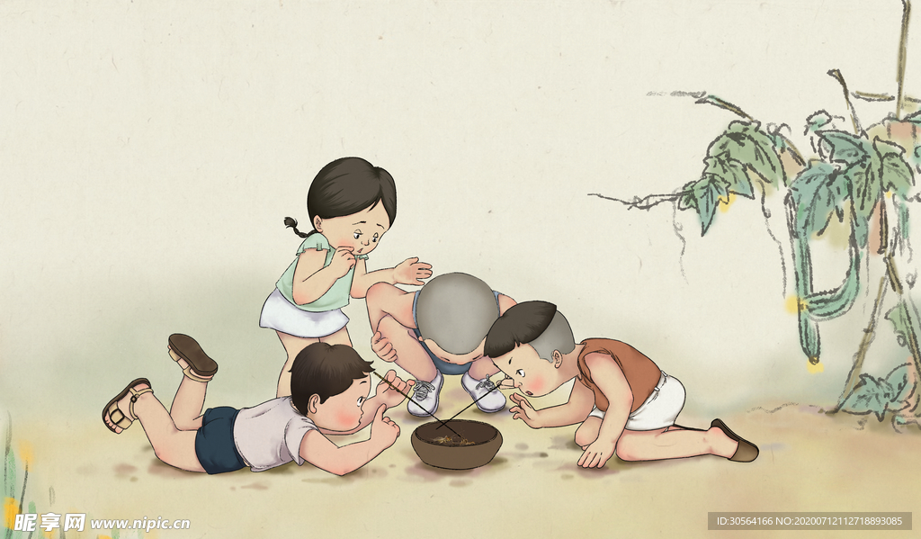 夏季儿童玩耍清新插画卡通素材