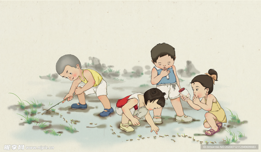 夏季儿童玩耍清新插画卡通素材