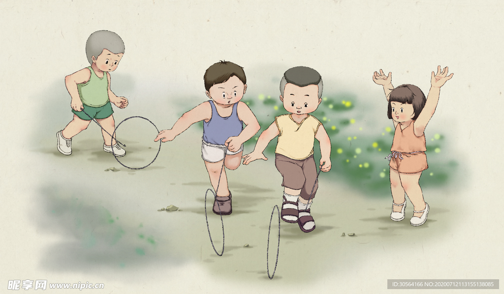 夏季儿童玩耍清新插画卡通素材