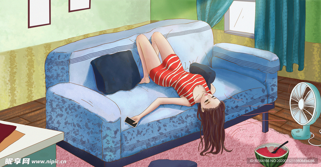 夏季少女人物清新插画卡通素材