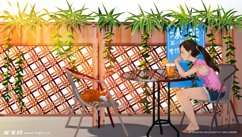 夏季少女人物清新插画卡通素材