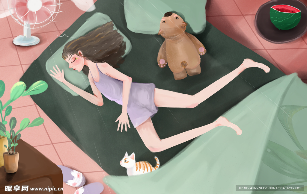 夏季少女人物清新插画卡通素材